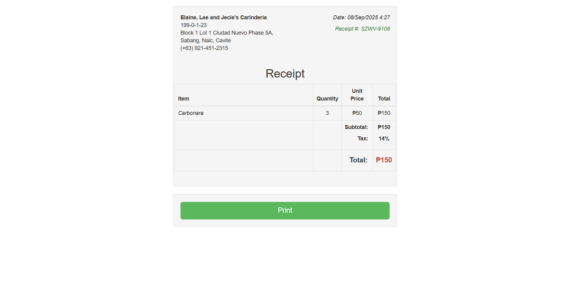 CarinderiaPOS Print Receipt Page
